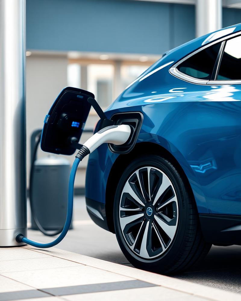 Coche eléctrico azul cargando en un punto de recarga
